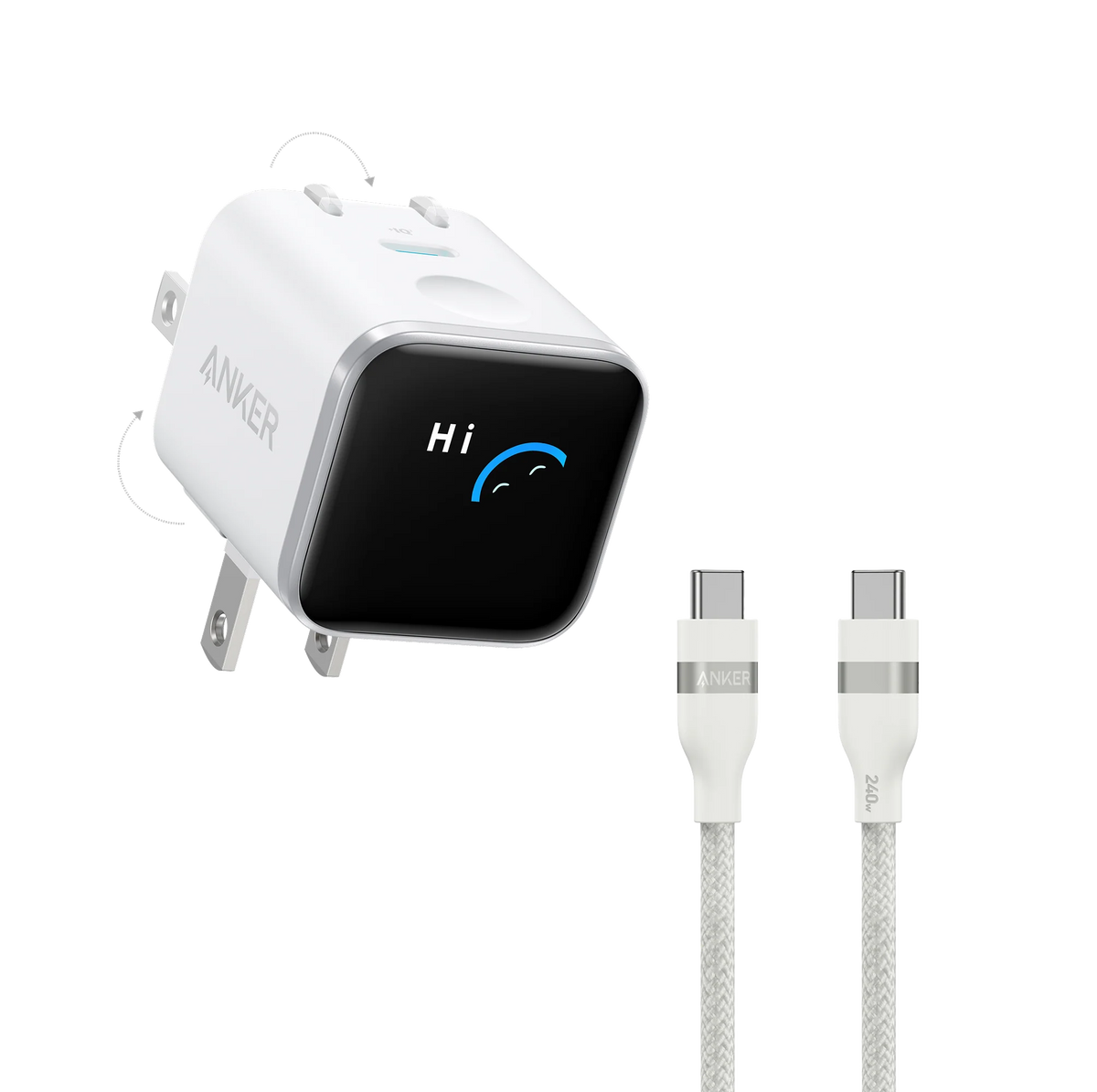 Anker Nano Charger (45W, Smart Display, 180° Foldable) and USB-C to USB-C Cable