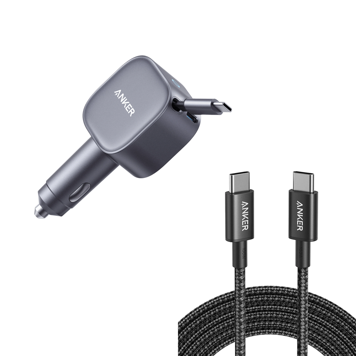 Anker Nano 75W Car Charger and New Nylon USB-C to USB-C 100W Cable (10 ft)